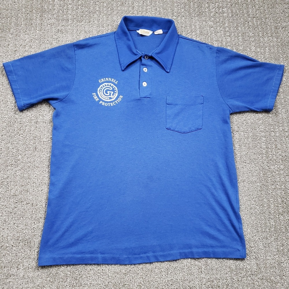 Whang Polo Shirt Mens S Blue Vintage 70s Grinnell Fire Protection Single Stitch